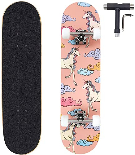 ANNEE 81 x 20 cm skateboard komplett för nybörjare, 7 lager lönn trä dubbel spark konkav skridskor, tricks skateboards för ungdomar, nybörjare, flickor, pojkar, barn, tonåringar, vuxna (enhörning)