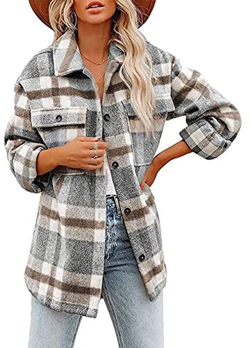 Sawmew Rutig Skjorta Dam Blus Overshirt Rutig Pojkvänskjorta Blus Rutig Skjorta Långärmad Blusskjorta Med Knäppning (Color : Khaki, Size : XL)
