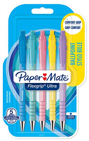 Paper Mate Flexgrip Ultra Pastel Ballpoint Pens | Medium Point (1.0mm) | Blue Ink | Pastel Barrels | 5 Count