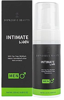Impressive Beauty Intimate Wash for Men Natural Organic with Tea Tree Oil | pH Balanced Foam Cleansing | Removes Sweat, Bad Odor, Itching, and Irritation | 4.05 fl. oz.