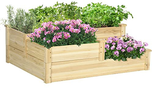 Aiuola rialzata Outsunny, aiuola a 3 livelli, fioriera, aiuola per erbe aromatiche, gradini per piante, gradini per fiori per balcone, giardino, legno di abete, naturale, 108 x 88 x 36 cm