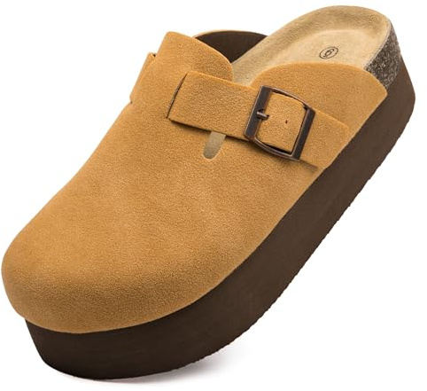 Vayfio Women's Suede Clogs Cork Footbed Sandals Comfort Platform Mules with Arch Support Adjustable Buckle Slip On Slippers Brown 07