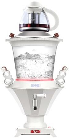 TtAk HOUSEWARE Electric Glass Samovar - Tea Maker Water Auto Shut Off Kettle Modern Design Overheat Boil-Dry Protection LED Temperature Glass Teapot (1 Liter) Large Kettle (3.2 Liters) (White)