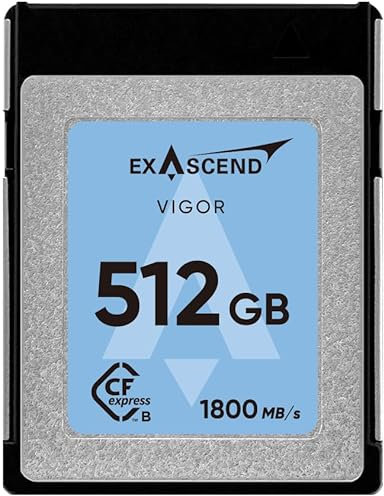 Exascend VIGOR PRO-CINEMA 512 GB CFexpress tipo B, velocidad de escritura sostenida de 1700 MB/s, para video RAW 8K para cámaras DSLR y videocámaras de grado profesional, velocidades de escritura