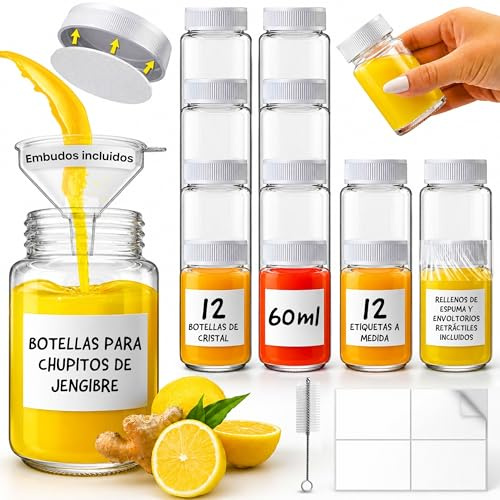 volila Mini Botellas de Cristal con Tapas - Paquete de 12 Shots Botellitas de Vidrio de 2oz/60ml con Embudo, Etiquetas, Envoltura Termocontraíble, Cepillo de Limpieza y Inserto de Espuma Extra