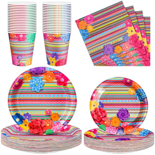 Domensi 200 Pcs Mexican Party Supplies Tableware Set for 50 Guests, Includes 7 Inch 9 Inch Floral Stripes Paper Fiesta Plates, 9 oz Disposable Cups and Napkins for Boys Girls Mexican Party Decoration