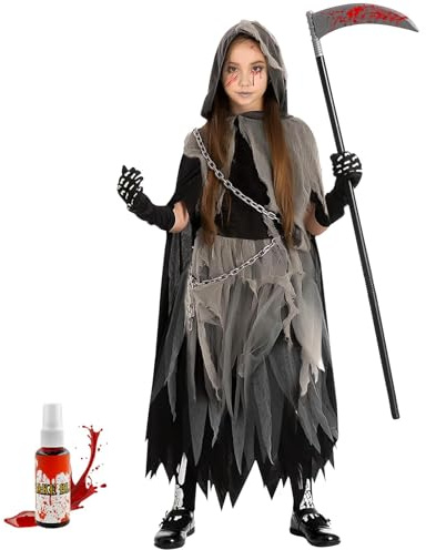 Huahuanghui Costume d'Halloween Faucheuse pour filles, costume effrayant pour enfants avec faucille et faux sang, costume Reaper pour carnavals et cosplay (M)