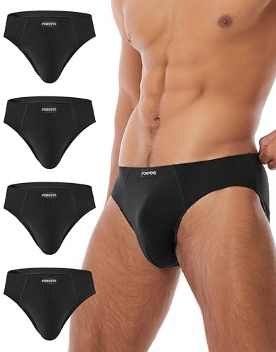 FORVEVO Men's Underwear Briefs, Cotton Mens Underpants, Breathable Stretch Waistband Soft No Labels Briefs Slips Underwear with Pockets 4 Pack (Black, L)