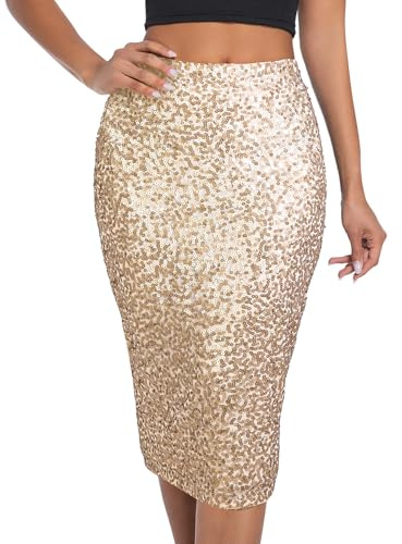 BALAYSIER Gonna Paillettes Donna con Fodera Gonne Brillantinata a Vita Elastica e Zip Gonna-Glitter per Feste Rave(Oro Chiaro,S)