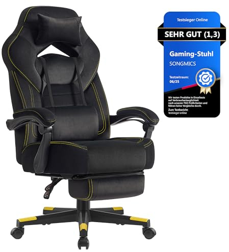 SONGMICS Gaming-Stuhl, Bürostuhl, Computerstuhl, ergonomisches Design, mit Fußstütze, verstellbares Kopfkissen, Lendenkissen, Tragkraft 150 kg, tintenschwarz OBG077B08