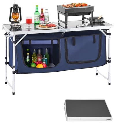 VEVOR Mesa de Cocina Plegable para Exteriores, Altura en 3 Niveles, Estación de Cocina Portátil Liviana Aluminio con Organizador de Almacenamiento, Asa de Transporte, para Barbacoa, Fiesta, Azul