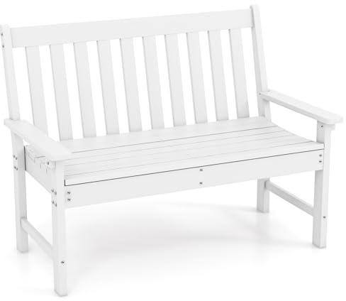GOPLUS trädgårdsbänk väderbeständig, 2-sitsig parkeringsbänk plast, sittbänk utomhus kan belastas upp till 320 kg, terrassbänk med högt ryggstöd och armstöd, sittbänk, trädgård, balkong, terrass, 132