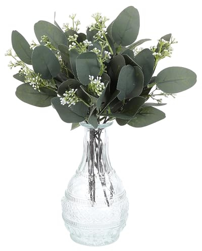 KALIONE 12 Pcs Artificial Silver Dollar Eucalyptus Leaves Picks Stems and Faux Branches with White Seeds, 11.4'' Decoration Greenery Stems Plants for Vase Bouquets, Flower Arrangement(Style 2)