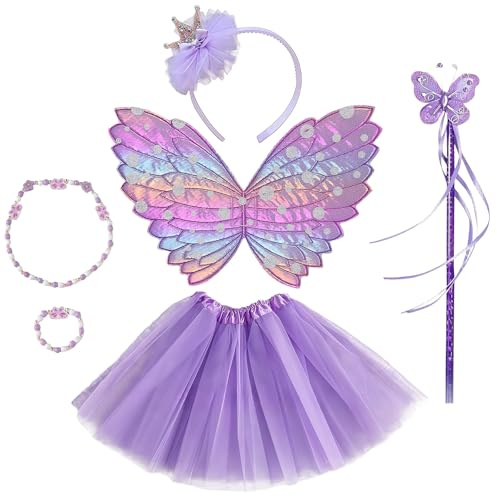 GWAWG Set di Costumi da Fata da 6 Pezzi con Ali di Farfalla per Bambini, Costume da Fata Viola con Abito da Principessa Tutu, Bacchetta da Fata, Braccialetto con Farfalla, Collana, Corona e Cerchietto