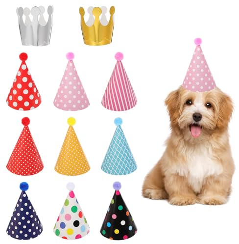 11 stycken festhattar, födelsedagsset, färgglada festhattar för gosedjur, barnkalas, festhattar, födelsedag, kon, partyhattar, för födelsedagar med pompoms, familjefester för barn och vuxna