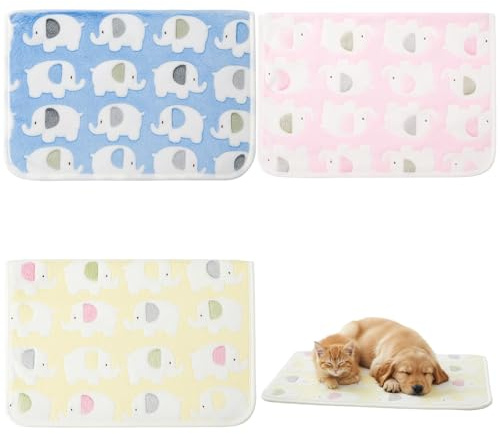 QhgPnt Cat Blanket, Puppy Blanket, Small Pet Blanket, Soft and Cozy Fleece, 3 Pack, 23.6 x 15.7 Inches, for Cats, Dogs, and Small Pets, Washable and Durable, Pink, Yellow, Blue