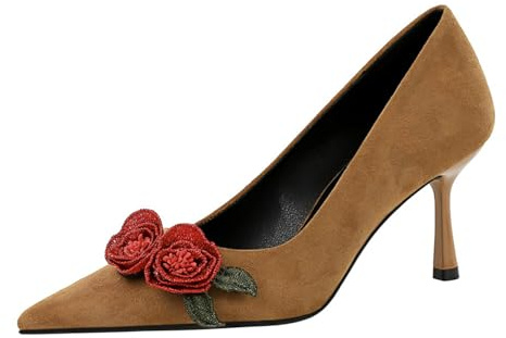 RBCYC Zapatos de tacón de aguja de mujer con flores de dos tonos Slip On Tacón stilettos Cerrados Punta Zapatos Stilettos Tacones altos Bola Conciertos Boda, marrón, 36 EU