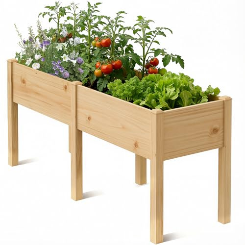 SUNYRISY Dual Hochbeet Holz für Balkon und Garten, 180x60x80cm Pflanzkasten Blumenkasten Kräuterbeet Tannenholz Pflanzbeet Blumenbeet Hochbeet-Kit für Garten Balkon Terrasse, Holzfarbe