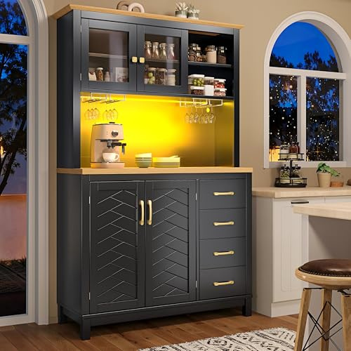 Ktipm Armario Cocina Alto con Luz LED y Almacenaje, Aparador Cocina con Cajón y 4 Puertas, Mueble Aparadores Alacena de Cocina Despensa con Portavasos y Dispositivo Antivuelco, 105.5x40x180 cm, Negro