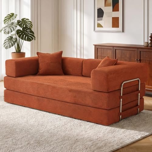 Vipbear 200cm Hochwertiges Sofa, aus Langlebig Cord mit Hochdichter Schaumstoff, 5-in-1 Vielseitig Umwandelbares ohne Knochen 3-Sitzer Schlafsofa für das Wohnzimmer, Orange