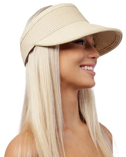Sombrero Viseras Mujer Verano de Paja Vacío con ala Grande Gorra Pamela de Sol Playa Viaje Vacaciones (FR/ES, Letras, Talla única, Lu-239-Beige)