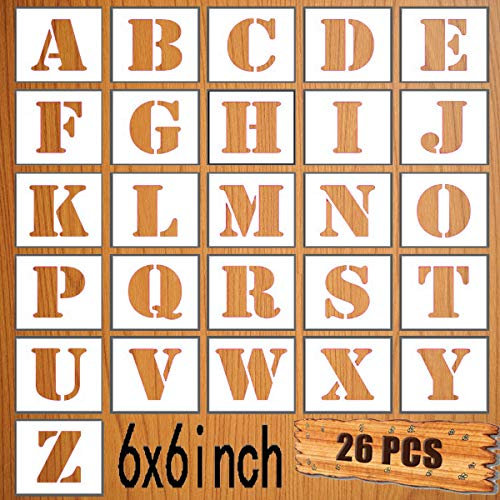 LYPER Juego de plantillas de letras de 15 x 15 cm, 26 unidades de plástico reutilizables, plantillas de aprendizaje para pintar paredes de madera, decoración del hogar, manualidades, nombre familiar