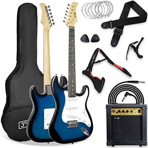 3rd Avenue XF Full Size 4/4 E-Gitarre Ultimate Kit Mit 10-W-Verstärker, Digitalem Stimmgerät, Kabel, Ständer, Gigbag, Gurt, Ersatzsaiten, Plektren, Kapodaster - Blau