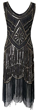 Hahaemma 1920-tals-vintageklänning, flapper-/charleston-klänning, Great Gatsby, med paljetter, tofsar och fåll, som examensbalklänning, aftonklänning, cocktailklänning eller kostymklänning