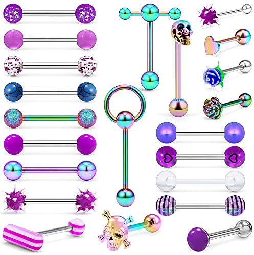 Leiainely Tongue Rings Piercing Jewelry for Women Men Work 14g 14 Gauge Cute Green Rainbow Surgical Stainless Steel Metal Clear Plastic Acrylic Rubber Tounge Barbell Balls Set