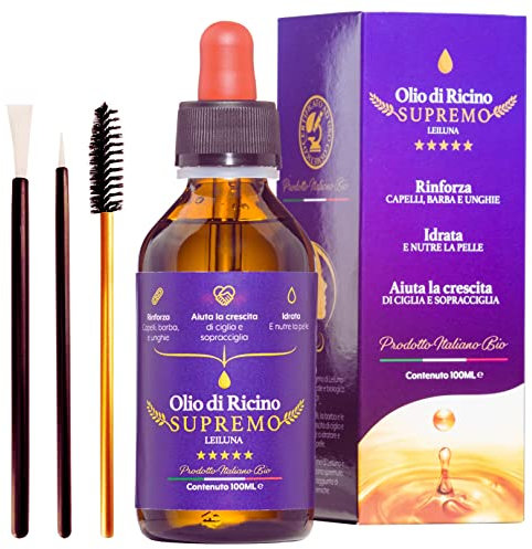 OLIO DI RICINO PURISSIMO, Uso Cosmetico, Pressato a Freddo Stimola la Crescita di Ciglia, Sopracciglia, Barba e Capelli, Rinforzante Per le Unghie, Ideale per la Pelle - 100ml