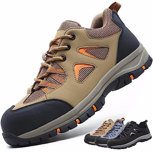 Zapatos de Seguridad Hombre Mujer Calzado de Trabajo Ligeros Antideslizante Zapatillas de Seguridad con Punta de Acero Caqui 43