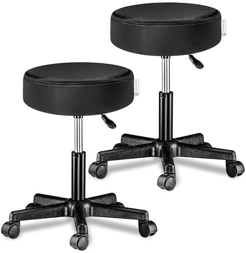 Casaria® Rollhocker Höhenverstellbar 2er Set 10cm Polsterung 46-60cm Höhe 360° Drehbar Ø35cm Rund Rollen Bürohocker Drehhocker Arbeitshocker Stuhl Schwarz