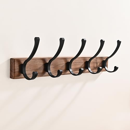 LECHYN 17.3 Small Wooden Coat Rack Wall Mount with 5 Hooks, Entryway Wall Hooks Coat Hanger for Hanging Towel Jacket Clothes Hat Backpack Shoe Purse Key Holder Multi Hook Rail by Black Walnut Wood