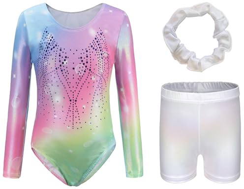 SEAUR Set med gymnastikdräkt, gymnastikshorts och hårsnodd, för flickor, barn, gymnastik, tröja, shorts, ärmlösa/långärmade danskläder, 11-12 År