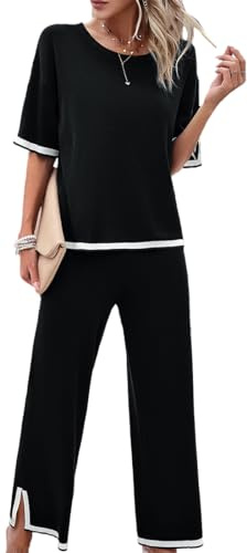 OLIPHEE Mujer Conjunto Chándal Traje De Punto Dos Piezas Casual Tejido Conjunto De Camiseta De Manga Corta Y Pantalones Conjunto De Pijama Cómodo Moda Color Sólido Verano A-Negro XL