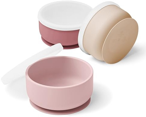 Navik | baby geschirrset | Silikon baby schüssel mit deckel und saugnapf | Kinderschüssel | ab 6 monate | Rosa, zartrosa und beige