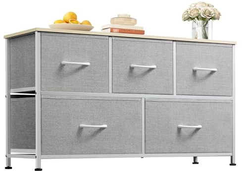 WLIVE Kommode mit 5 Schubladen aus Stoff, Kommodenschrank für Schlafzimmer, Kommode Wohnzimmer Flur, mit Stabiler Stahlrahmen, Holzplatte, Hellgrau