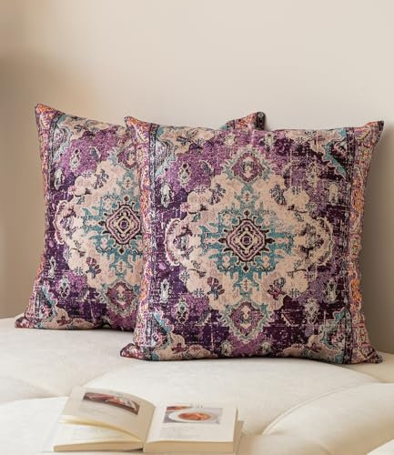 Vorysum 2er Set Kissenbezug 40x40 cm Boho Lila Dekokissen Vintage Kissenbezüge Abstrakte Kissenhülle Kunst Sofakissen Modern Zierkissenbezüge für Garten Sofa Bett Dekorative Kissenhüllen