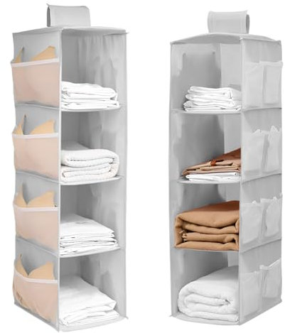 QUMENEY 2 Pcs Hanging Wardrobe Storage Closet Organiser Hanging Storage Shelves With Side Pockets Clothes Organiser Space-Saving and Foldable Bedroom Storage （Grey）