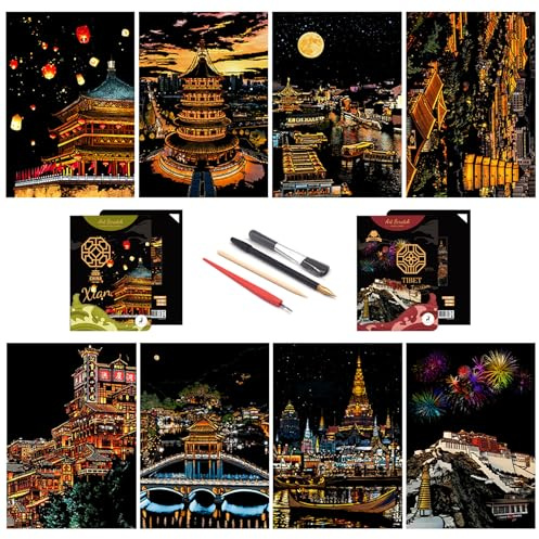 SiYear Scratch Paper Rainbow Painting Sketch, City Series Night Scene,Scratch Painting Creative Gift,Scratchboard for Adult with 4 Tools（ancient capital city）