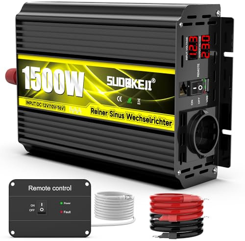 Inverter Da 12v a 230v a Onda Sinusoidale Pura Da 1500W Per Auto Convertitore-Inverter Di Tensione Con, Presa Ue e Telecomando, Convertitore Con Display Digitale LCD Per Case, Caravan