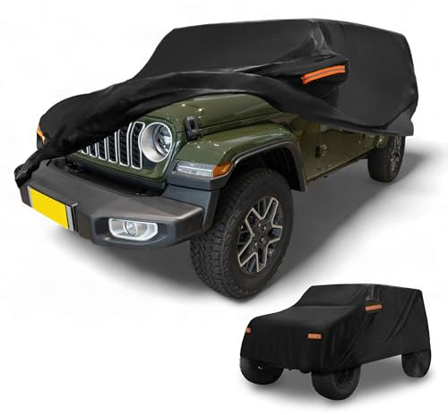 Partuto Housse Voiture Étanche Toutes Saisons pour Automobile Extérieure Anti-UV Soleil Pluie Protection Complète Extérieure pour Jeep Wrangler 4 Portes Noir avec Bandes Réfléchissantes