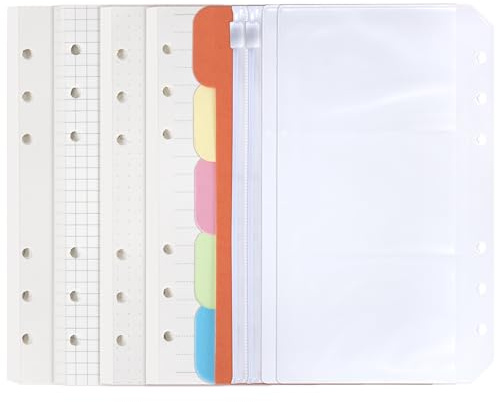 A6 Nachfüllpapier 80 Blatt 6 Löcher Planer-Einlagen mit 5Pcs Papiertrenner und 4Pcs Binder-Taschen Ringbucheinlagen für Notizbuch, Planer, Tagebuch, Reisetagebuch, Organizer