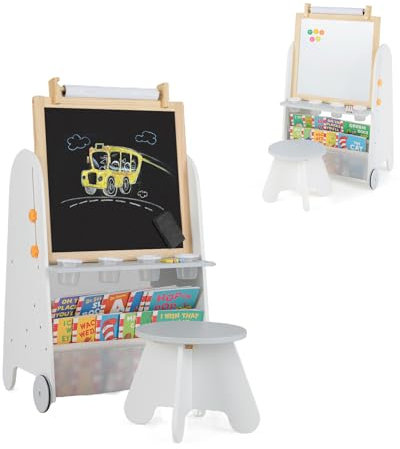 RELAX4LIFE Lavagna 4-in-1 con Sgabello, Lavagna Altezza Regolabile con Ruote, a Gesso, Bianca Magnetico, Ampia Piani di Lavoro & Rotolo di Carta, Regalo per Bambini da 3 Anni in Su