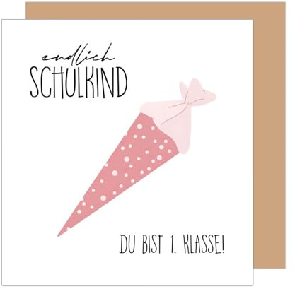 Edition Seidel ESQ104 SW025 Carte de vœux carrée de qualité supérieure pour rentrée des classes avec enveloppe - Carte de vœux pour écolier fille - Cornet d'école de 1ère classe (ESQ104 SW025)