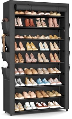 BrFoYu Shoe Rack with Cover, 10 Tier Shoe Organizer Storage for 40-50 Pairs Sneaker and Boots, Large Capacity, with 8 Pockets, Free Standing Tall Shoe Rack for Front Door Entrance, Closet