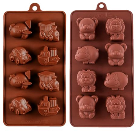 4 Stampi in silicone per torte a forma di animali e trasporti della circolazione, 8 cavità per dolci, cioccolato, dessert, saponi fatti a mano, stampi per gelatina, caramelle, muffin, stampi per torte