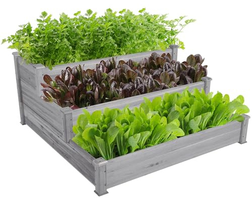 Yaheetech Huerto Urbano Terraza de 3 Camas de Cultivo Separadas Jardinera de Madera de 3 Pisos con Diseño de Escalera para Cultivar Plantas Flores Verduras 120 x 120 x 56cm Gris
