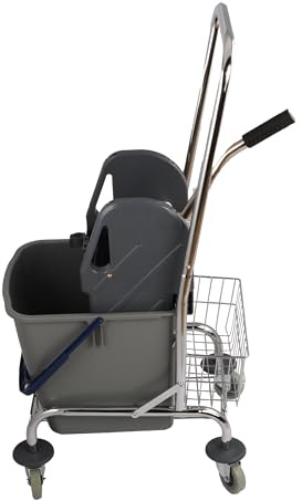 Axis Line Wischeimer fahrbar mit Presse - Einfachfahreimer Chrom 27 Liter, Abnehmbarer Bügel, Ablagekorb, Mop-Presse, Reinigungswagen mit Rollen