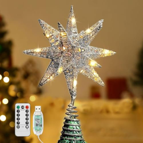 Lewondr Christmas Tree Topper, Plug in 3D Starburst Xmas Lighted Star Tree Topper, Remote Control & Timer Light Up Vintage Moravian Tree Topper for Christmas Decoraiton, Warm Light, Silver